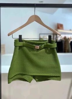 Green Textured Belted Skorts | Minji - NewJeans -Amped Apparel Minji NewJeans Green Textured Belted Skorts 3