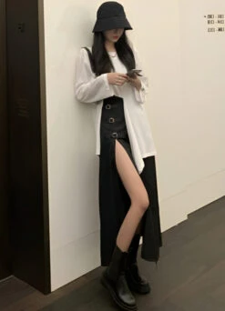 Black Buckled High Slit Skirt | Minnie - (G)I-DLE -Amped Apparel Minnie Black Buckled High Slit Skirt 4 600x831 1