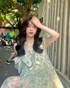Green Butterfly Bow Dress | Miyeon - (G)I-DLE -Amped Apparel Miyeon GI DLE Green Butterfly Bow Dress 1 600x753 1