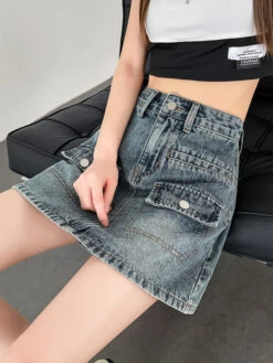 Vintage Blue Front Pocket Denim Skirt | Miyeon - (G)I-DLE -Amped Apparel Miyeon GI DLE Vintage Blue Front Pocket Denim Skirt 2 600x800 1