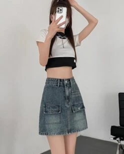 Vintage Blue Front Pocket Denim Skirt | Miyeon - (G)I-DLE -Amped Apparel Miyeon GI DLE Vintage Blue Front Pocket Denim Skirt 6 600x745 1