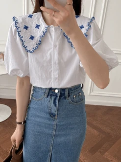 White Embroidered Doll Collar Blouse | Miyeon - (G)I-DLE -Amped Apparel Miyeon GI DLE White Embroidered Doll Collar Blouse 5