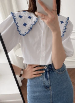 White Embroidered Doll Collar Blouse | Miyeon - (G)I-DLE -Amped Apparel Miyeon GI DLE White Embroidered Doll Collar Blouse 6