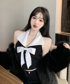 Black Bowknot Halter Crop Top | Momo - Twice -Amped Apparel Momo Twice Black Bowknot Halter Top 12 600x717 1