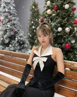 Black Bowknot Halter Crop Top | Momo - Twice -Amped Apparel Momo Twice Black Bowknot Halter Top 3 600x750 1