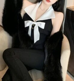 Black Bowknot Halter Crop Top | Momo - Twice -Amped Apparel Momo Twice Black Bowknot Halter Top 5 600x661 1