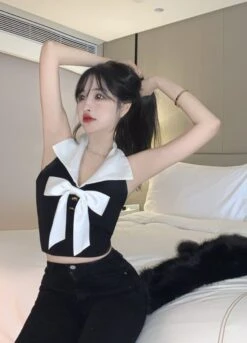 Black Bowknot Halter Crop Top | Momo - Twice -Amped Apparel Momo Twice Black Bowknot Halter Top 6 600x832 1