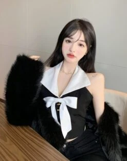 Black Bowknot Halter Crop Top | Momo - Twice -Amped Apparel Momo Twice Black Bowknot Halter Top 9 600x763 1