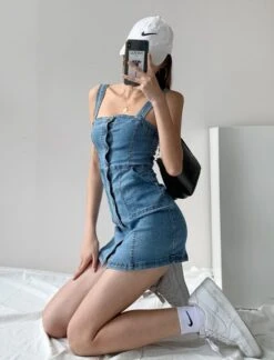 Blue Denim Suspender Dress | Momo - Twice -Amped Apparel Momo Twice Blue Denim Suspender Dress 8 600x787 1