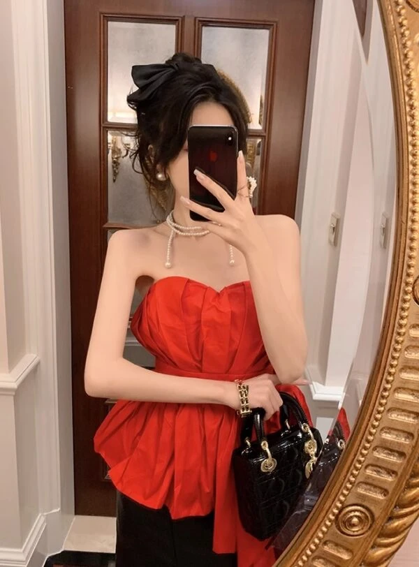 Red Asymmetric Hem Bustier Top | Momo - Twice 6 Red Asymmetric Hem Bustier Top | Momo - Twice - Image 4