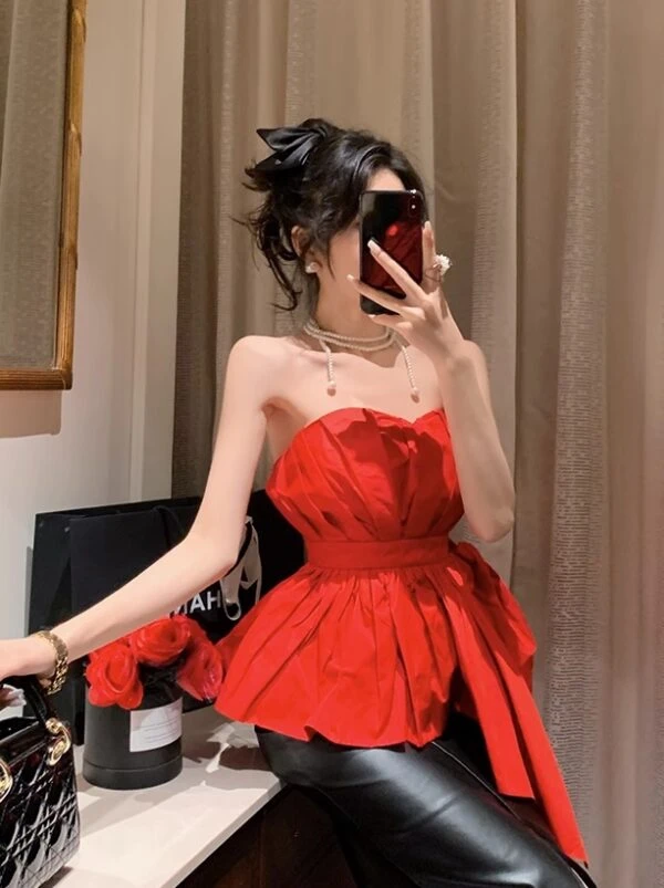 Red Asymmetric Hem Bustier Top | Momo - Twice 4 Red Asymmetric Hem Bustier Top | Momo - Twice - Image 2