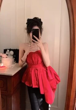 Red Asymmetric Hem Bustier Top | Momo - Twice 25 Red Asymmetric Hem Bustier Top | Momo - Twice -Amped Apparel Momo Twice Red Asymmetric Hem Bustier Top 2