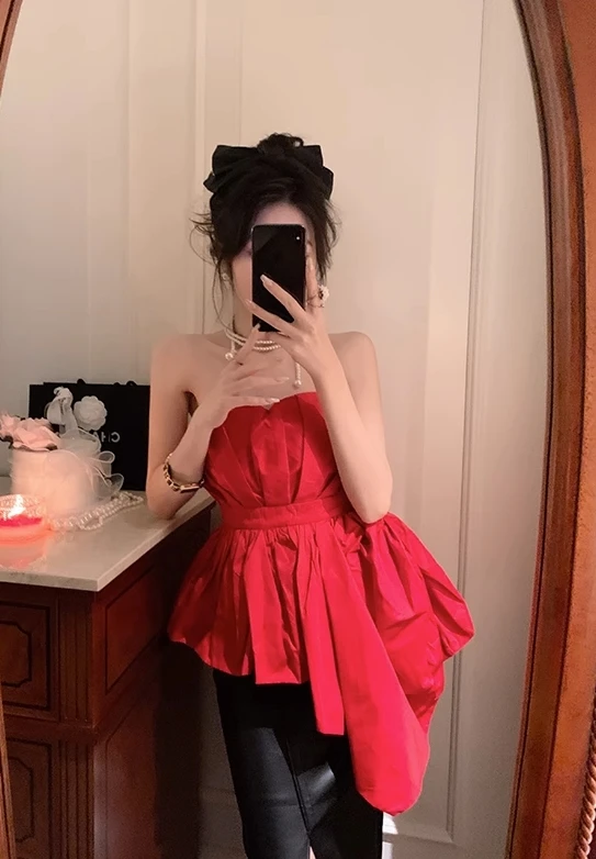 Red Asymmetric Hem Bustier Top | Momo - Twice 13 Red Asymmetric Hem Bustier Top | Momo - Twice - Image 11