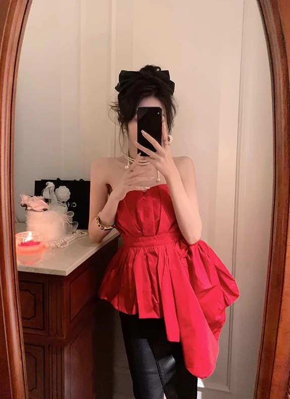 Red Asymmetric Hem Bustier Top | Momo - Twice 12 Red Asymmetric Hem Bustier Top | Momo - Twice - Image 10