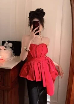 Red Asymmetric Hem Bustier Top | Momo - Twice 22 Red Asymmetric Hem Bustier Top | Momo - Twice -Amped Apparel Momo Twice Red Asymmetric Hem Bustier Top 5 600x843 1