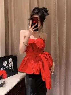 Red Asymmetric Hem Bustier Top | Momo - Twice 20 Red Asymmetric Hem Bustier Top | Momo - Twice -Amped Apparel Momo Twice Red Asymmetric Hem Bustier Top 7 600x796 1