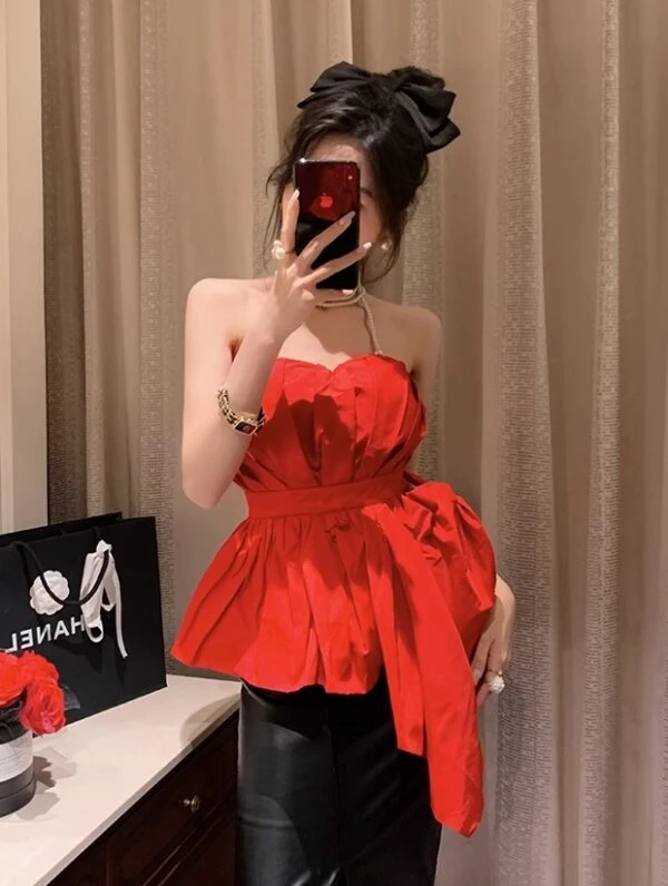 Red Asymmetric Hem Bustier Top | Momo - Twice 8 Red Asymmetric Hem Bustier Top | Momo - Twice - Image 6