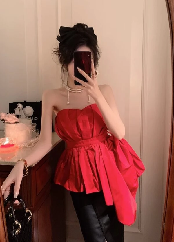 Red Asymmetric Hem Bustier Top | Momo - Twice 7 Red Asymmetric Hem Bustier Top | Momo - Twice - Image 5