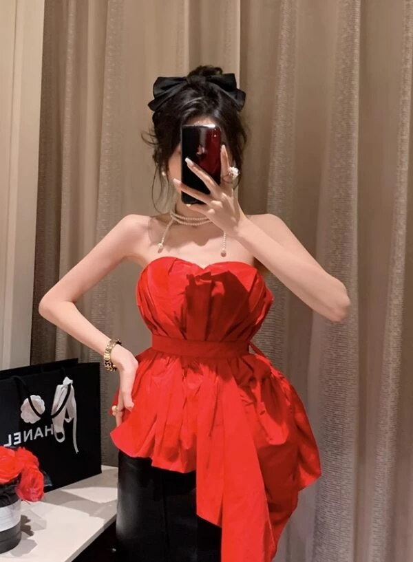 Red Asymmetric Hem Bustier Top | Momo - Twice 3 Red Asymmetric Hem Bustier Top | Momo - Twice