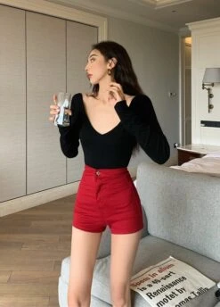 Red High Waist Shorts | Momo - Twice -Amped Apparel Momo Twice Red High Waist Shorts 2