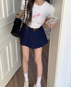 Navy Blue Protruding Pleated Skorts | Hanni - NewJeans -Amped Apparel Navy Blue Protruding Pleated Skorts Hanni NewJeans 14 600x734 1