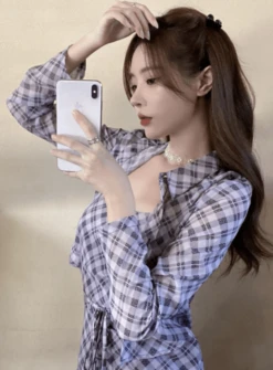 Black Sheer Plaid Shirt | Ningning - Aespa -Amped Apparel Ningning Aespa Black Sheer Plaid Blouse 1