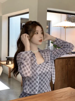 Black Sheer Plaid Shirt | Ningning - Aespa -Amped Apparel Ningning Aespa Black Sheer Plaid Blouse 6