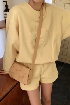 Yellow Letter Embroidered Shorts | Ningning - Aespa -Amped Apparel Ningning Aespa Yellow Letter Embroidered Shorts 1