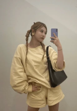 Yellow Letter Embroidered Loose Sweatshirt | Ningning - Aespa -Amped Apparel Ningning Aespa Yellow Letter Embroidered Shorts 4 1