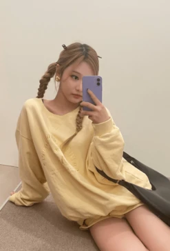 Yellow Letter Embroidered Loose Sweatshirt | Ningning - Aespa -Amped Apparel Ningning Aespa Yellow Letter Embroidered Shorts 5 1
