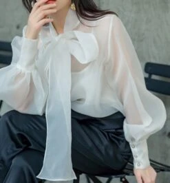 White Lantern Sleeve Bowknot Blouse | Olivia - Loona -Amped Apparel Olivia Loona White Lantern Sleeve Bowknot Blouse 10 600x645 1