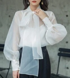 White Lantern Sleeve Bowknot Blouse | Olivia - Loona