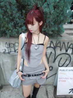 Grey Layered Corset Style Top | Pharita - BabyMonster -Amped Apparel Pharita BabyMonster Grey Layered Corset Style Top 4