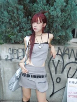 Grey Layered Corset Style Top | Pharita - BabyMonster -Amped Apparel Pharita BabyMonster Grey Layered Corset Style Top 5