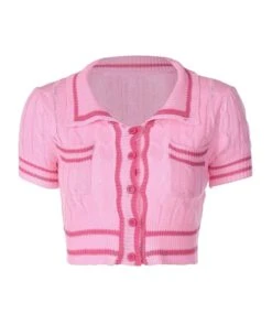 Pink Knitted Button-Down Cropped Polo | Liz - IVE