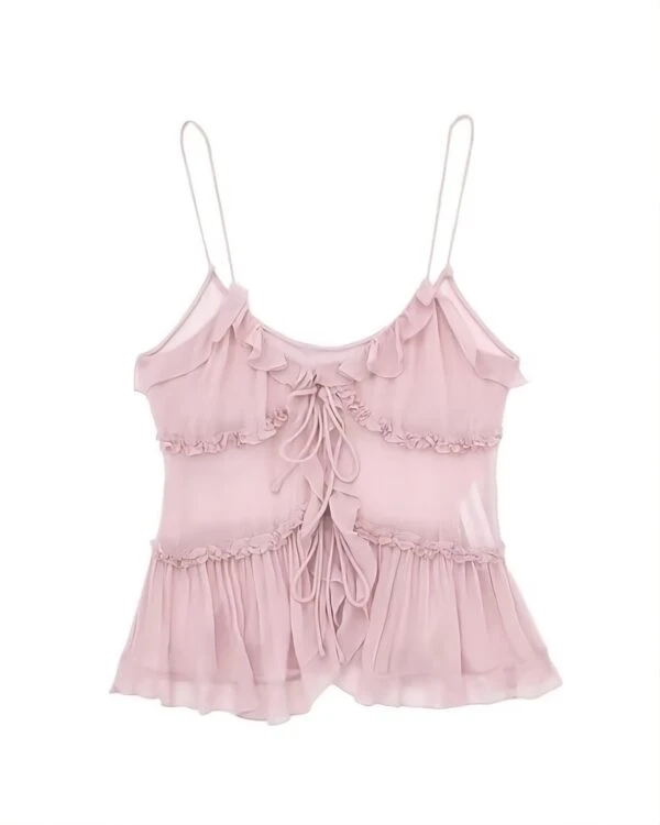 Pink Ruffled See-Through Sling Top | Lily - NMIXX 3 Pink Ruffled See-Through Sling Top | Lily - NMIXX
