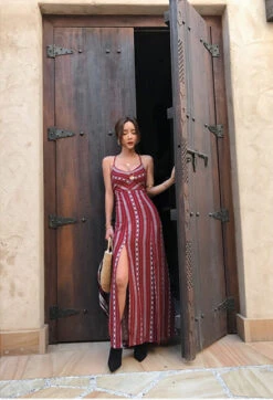 Red Ethnic Backless Maxi Dress | IU