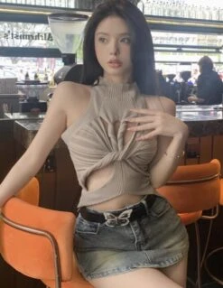 Beige Hollowed Twist Tank Top | Rose - BlackPink -Amped Apparel Rose BlackPink Beige Hollowed Twist Tank Top 10 600x774 1