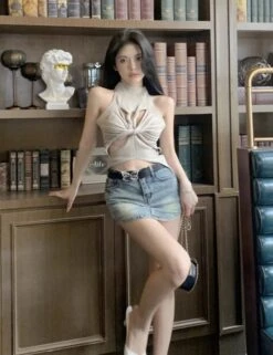 Beige Hollowed Twist Tank Top | Rose - BlackPink -Amped Apparel Rose BlackPink Beige Hollowed Twist Tank Top 4