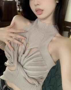 Beige Hollowed Twist Tank Top | Rose - BlackPink -Amped Apparel Rose BlackPink Beige Hollowed Twist Tank Top 6 600x756 1