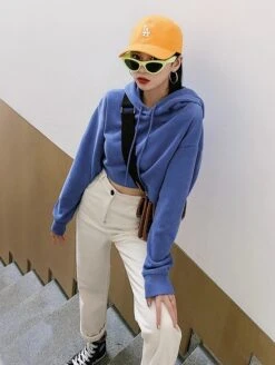 Blue Cropped Drawstring Hoodie | Rose - BlackPink -Amped Apparel Rose BlackPink Blue Cropped Drawstring Hoodie 2