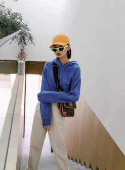 Blue Cropped Drawstring Hoodie | Rose - BlackPink -Amped Apparel Rose BlackPink Blue Cropped Drawstring Hoodie 3