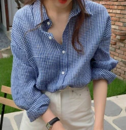 Blue Button Down Long Sleeve Plaid Shirt | Sakura - Le Sserafim
