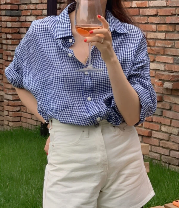 Blue Button Down Long Sleeve Plaid Shirt | Sakura - Le Sserafim 4 Blue Button Down Long Sleeve Plaid Shirt | Sakura - Le Sserafim - Image 2