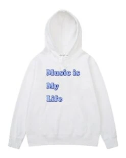 White 'Music Is My Life' Printed Hoodie | San - ATEEZ