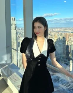 Black Pointed Collar Velvet Dress | Sana - Twice 17 Black Pointed Collar Velvet Dress | Sana - Twice -Amped Apparel Sana Twice Black Pointed Collar Velvet Dress 1