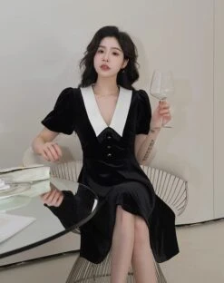 Black Pointed Collar Velvet Dress | Sana - Twice 12 Black Pointed Collar Velvet Dress | Sana - Twice -Amped Apparel Sana Twice Black Pointed Collar Velvet Dress 3 600x758 1