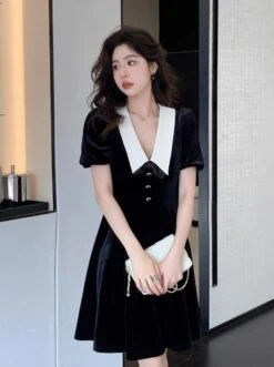 Black Pointed Collar Velvet Dress | Sana - Twice 13 Black Pointed Collar Velvet Dress | Sana - Twice -Amped Apparel Sana Twice Black Pointed Collar Velvet Dress 4 600x805 1