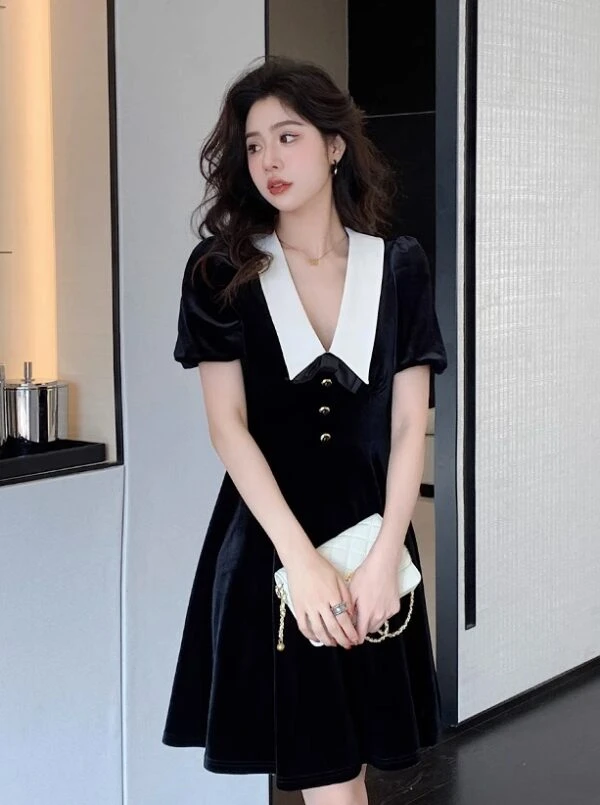 Black Pointed Collar Velvet Dress | Sana - Twice 6 Black Pointed Collar Velvet Dress | Sana - Twice - Image 4