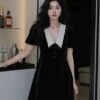Black Pointed Collar Velvet Dress | Sana - Twice -Amped Apparel Sana Twice Black Pointed Collar Velvet Dress 6